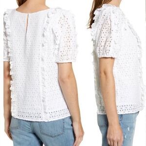 Rachel Parcell Women’s White Floral Eyelet Ruffle Short Sleeve Cotton Top XL